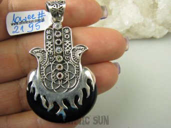 bwee2195 Mocny Amulet 2 w 1 Hamsa Duży 5.5 cm Dwustronny Wisior DŁOŃ FATIMY ONYKS, Czakry Kamień Księżycowy, Ametyst, Indygolit, Blue Topaz, Oliwin, Cytryn, Granat Maroko, Marokańskie Wzornictwo Srebro 925 #