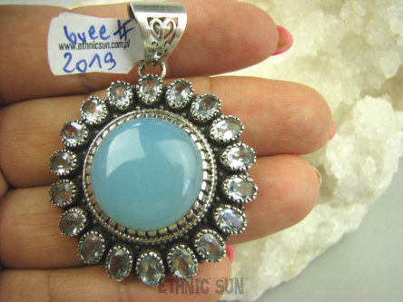 bwee2019 LUKSUSOWY KLEJNOT -  22 gramy !!! Duży Wisior Chalcedon (tarczyca) rzadki BLUE TOPAZ (kamień młodości ) Srebro 925 #