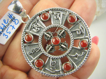 bwe3570 Biżuteria Orientalna !!! Cudowna Duża MANDALA Amulet Święta Mantra Ochronna OM MANI PADME HUM oraz Krzyż Dorje - Niezniszczalność, Czerwony Onyks Srebro 925 #